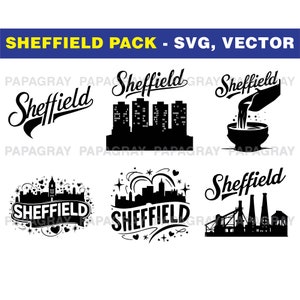 Sheffield UK SVG Vektorgrafik-Bundle - 6 Designs | Digitaler Download | South Yorkshire, Sheffield Skyline Silhouette, SVG-Schnittdatei, britisch