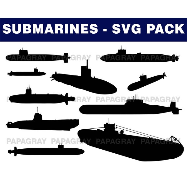 Submarine SVG Silhouette Pack - 11 Designs | Digital Download | Submarines SVG, Submersible PNG, Submarine Navy, Submarine Cut File Graphic
