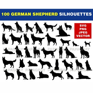 May include: A collection of 100 black German Shepherd silhouettes in various poses. The image includes text that reads "100 GERMAN SHEPHERD SILHOUETTES" in yellow and white, along with "SVG PNG JPEG VECTOR" in a red box.