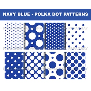 Navy Blue and White Polka Dot Patterns - 8 Designs | Digital Download | 300 DPI | Seamless Digital Paper, Polka Dot Digital Pattern