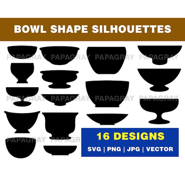 Bowl SVG Shape Silhouette Pack - 16 Designs | Digital Download | Food Bowl PNG, Chef Bowl Vector, Bowl Shape Vector