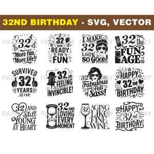 32e verjaardag SVG-bundel: 18 ontwerpen | Digitale download | Verjaardagscitaten en -afbeeldingen, vectorillustraties eenendertigste verjaardag