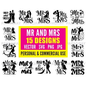 Paquete Mr and Mrs SVG - 15 Diseños / Descarga Digital / Vector de Matrimonio, Archivos de Corte SVG, Diseños Gráficos de Boda, Aniversario de Pareja
