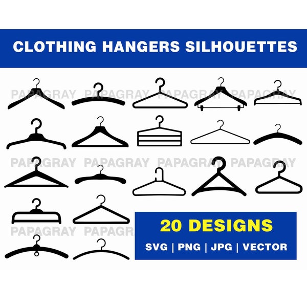 Clothing Hangers SVG Silhouette Pack - 20 Designs | Digital Download | Clothing Hanger PNG, Shirt Hanger Vector, Trouser Hanger Graphic