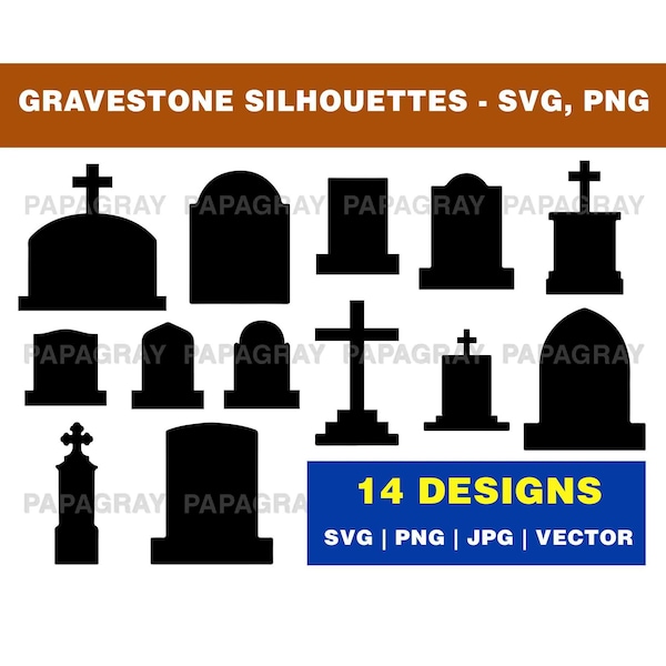 Gravestones SVG Pack - 14 Designs | Digital Download | Headstone Vector, Gravestone Silhouette, Grave Stone PNG, Halloween Headstone Graphic