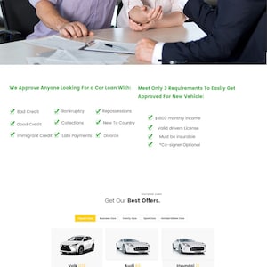 Op de afbeelding: Website voor een autofinanciering bedrijf, The Approval, met een witte auto op de achtergrond. De website biedt gegarandeerde autofinanciering goedkeuring voor mensen met een goede of slechte kredietwaardigheid. De website toont ook een kaart van de locatie van het bedrijf.