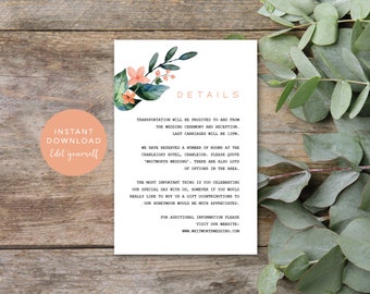 Wedding invitation details card template. Instant download. Editable, printable pdf.
