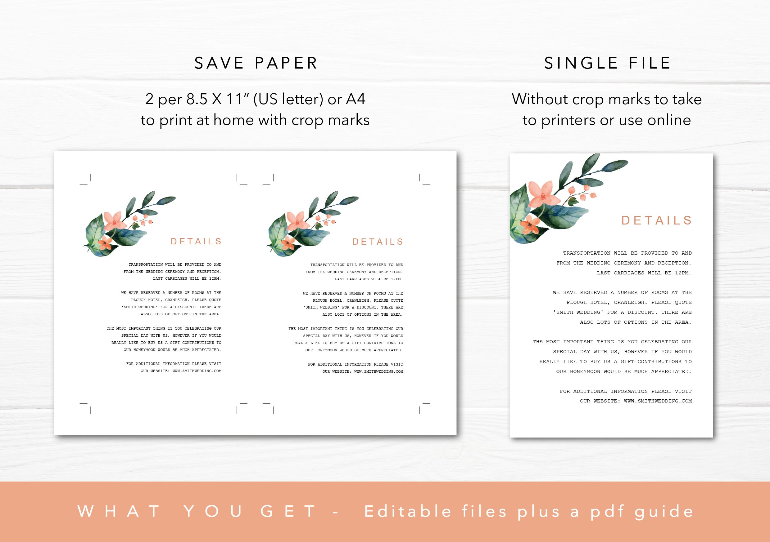 Wedding Invitation Details Card Template. Instant Download. Editable