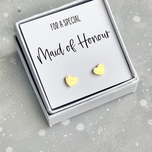 For A Special Maid of honour gold Heart Stud Earrings, special chief bridesmaid gift, earrings for moh, bridesmaid box, maid of honour gift