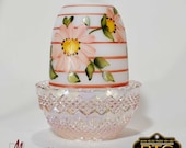 Mosser Glass Glimmer Light Fairy Lamp hand painted pink stripes and flowers pink carnival glass base.