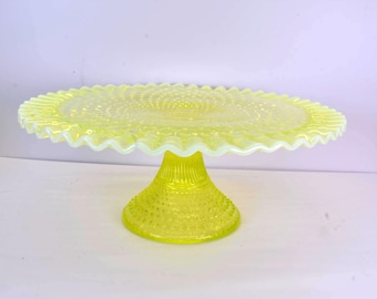Vintage Fenton Hobnail Cake Plate Vaseline Glass Uranium Yellow Topaz Opalescent