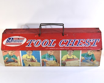 May include: Red metal tool chest with a black handle and a blue and white "American Tool Chest" logo. The chest has a series of images of children using tools.