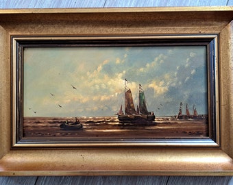 Ca 1930s/40s a Wonderful Small Rectangular Dutch Seascape Oil Painting on a Wooden Panel