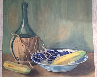 ca 1940s/50s a Beautiful Antique Still Life Aquarelle Artwork of a Spanish Wine Sangria Bottle Bananas and Porcelain Plate