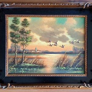ca 1970 - a Lovely Dutch Colourful Middle size Landscape with Flying Ducks Oil Painting on Canvas