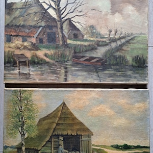2 Very Nice Antique Dutch Landscape Oil Paintings on Canvas one with Sheep 1946 and ond with Knotwilg Trees, Van Gogh Trees
