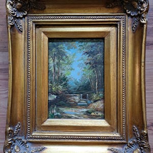 a Very Cute Small Nature Forestal Oil Painting on a Wooden Panel with Beautiful Baroc Frame- Signed