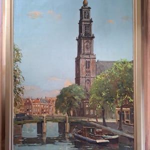 ca 1950s / 60s a Wonderful Large Antique Dutch Wester Tower Amsterdam Oil Painting on Canvas- Signed