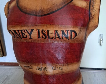a Lovely Big Life Size Torso Decorational Piece Coney Island Men's Swim Club as in the 1930s