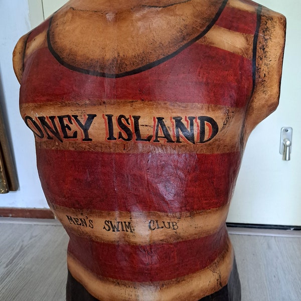 a Lovely Big Life Size Torso Decorational Piece Coney Island Men's Swim Club as in the 1930s