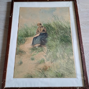 Ca,1940s - a Lovely Antique Dutch Aquarelle Painting of a Dutch Lady Sewing in the Dunes probably waiting for the Fishermen to come back