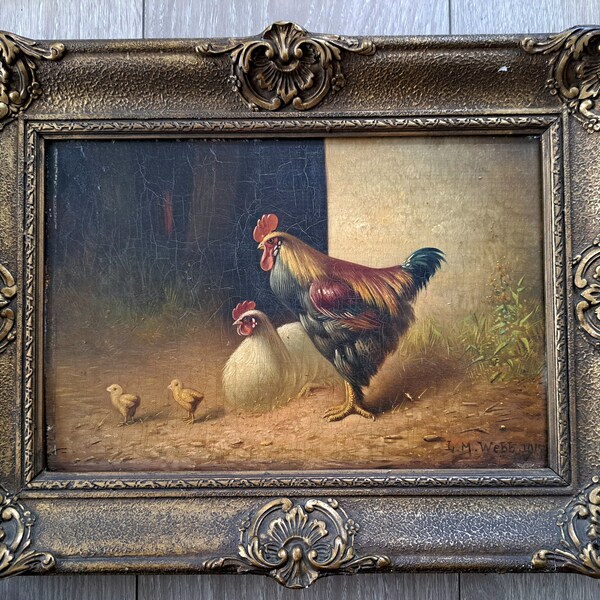 Année 1917 - Une magnifique poule coq avec des bébés, peinture à l'huile du célèbre peintre britannique L.M. Webb