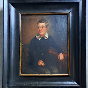1895 ( or older check date) a Very Intriguing Antique Portrait Oil Painting on a Wooden Panel of a Young Boy/ Gentleman- Signed