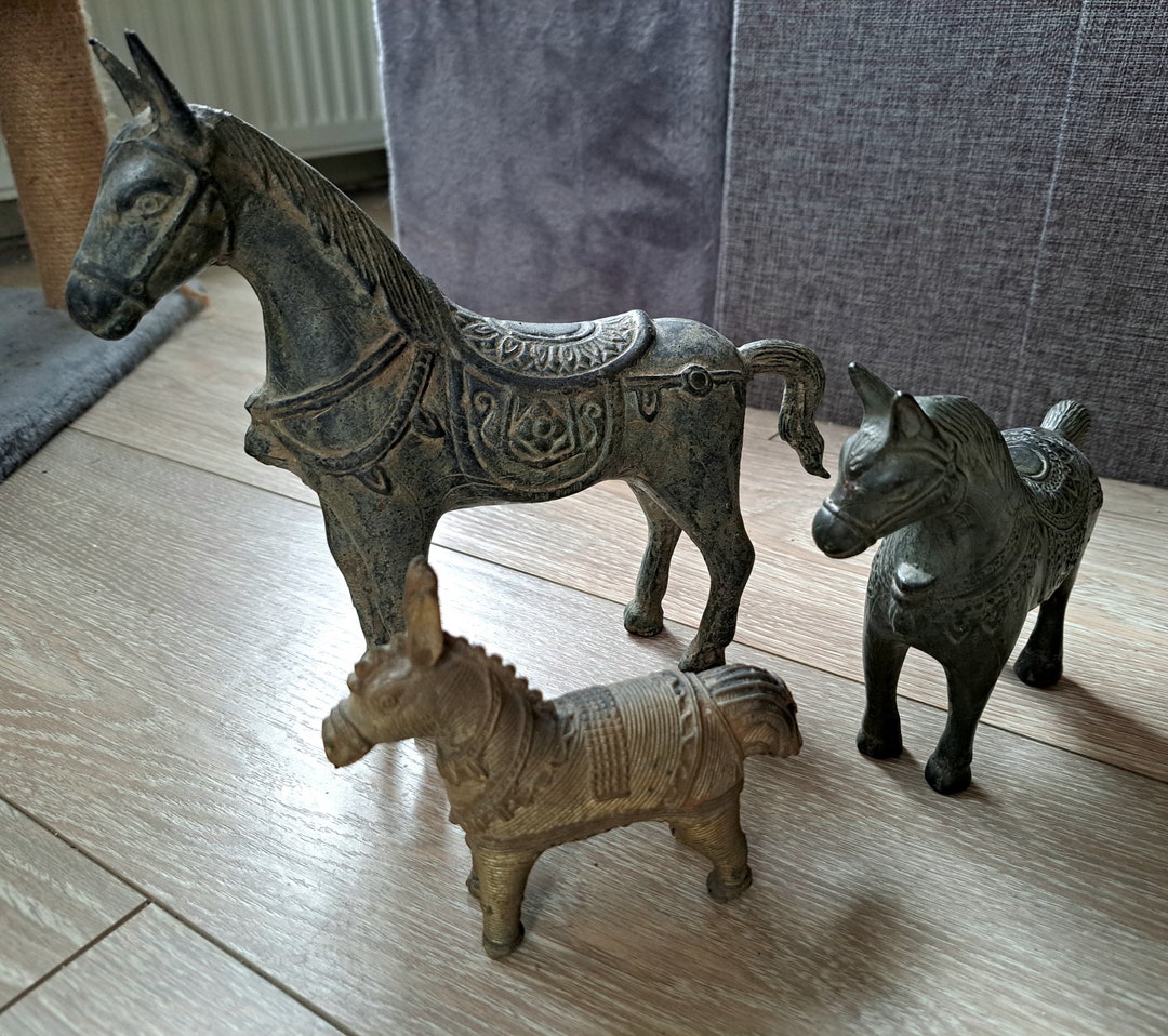 A Very Peculiar Ancient Set of Very Heavy 2 Horses and a Mule Statues