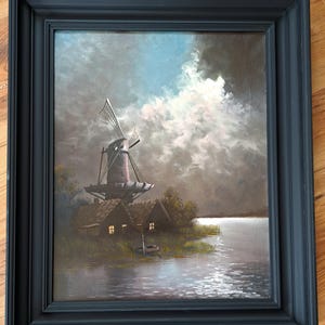 a Lovely Large Tipical Dutch Landscape with Windmill and Threatening Sky Oil Painting on Canvas