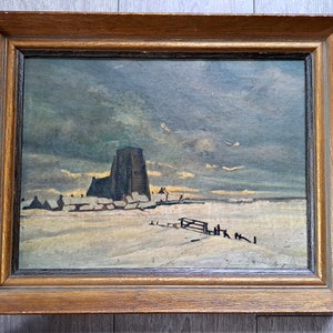 Ca 1900s a Peculiar Yet Intriguing Antique Sort of  Castle Winterscene Landscape Oil Painting on Canvas