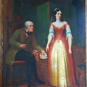 Año 1852 - Una maravillosa pintura al óleo antigua de 173 años sobre lienzo de un caballero con una carta y una mujer encantadora - Firmada y fechada