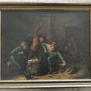 Colto sul fatto mentre bara, un delizioso e intrigante dipinto antico a olio su tela raffigurante giocatori di carte/giocatori d'azzardo in un bar - firmato