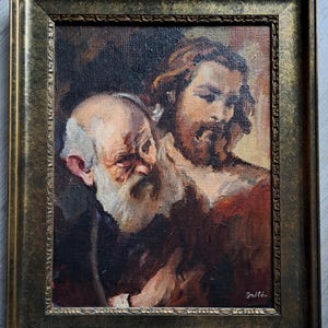 ca 1940s a Lovely Rather large Religious Oil Painting on Canvas of Jesus Christ and Saint John the Beloved (?) - Signed