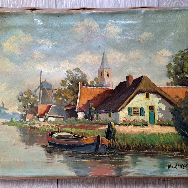 ca 1920s/ 30s a Very Cute Antique Dutch Windmill Landscape Oil Painting on Canvas - Signed Range