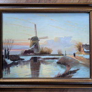 ca 1980s a Very Appealing Middle size Tipical Dutch Windmill Winter Landscape Oil Painting on Canvas