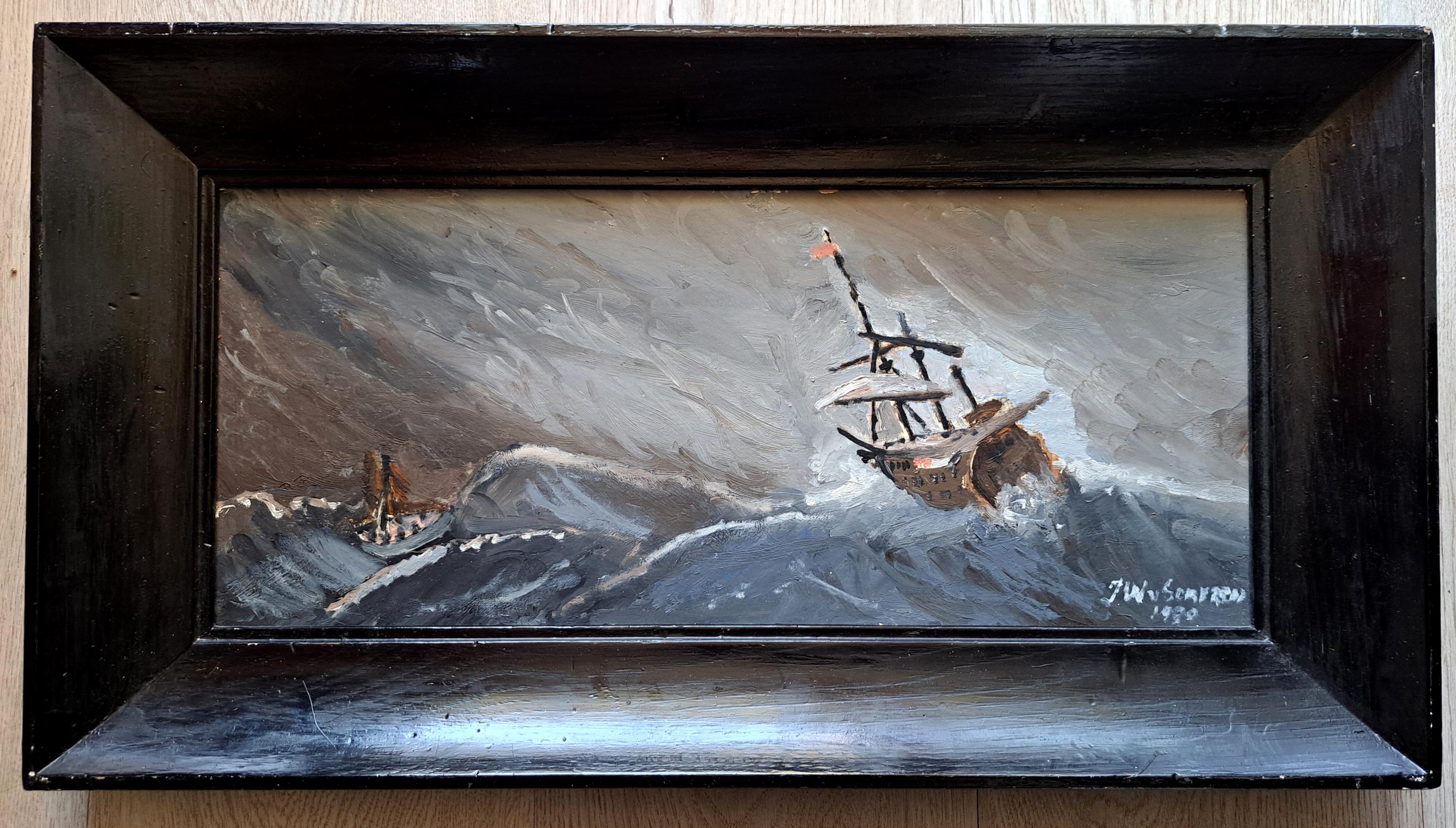 船の油絵 1970年 嵐の中の船を描いた興味深い長方形の海景油絵 木製パネル