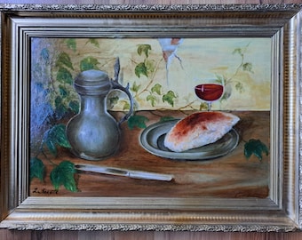 アンティークオランダ風ダークムーディな静物油絵、19世紀ヴィンテージ