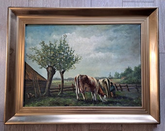 Ca 1890s/1920s a Wonderful Large Antique Dutch Oil Painting with a Farmer Milking Cows and tipical Dutch Landscape