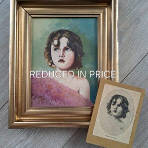 1978 - Un intrigante dipinto ad olio antico di un piccolo ritratto di una giovane ragazza con un biglietto che dice "Mia cara" in olandese