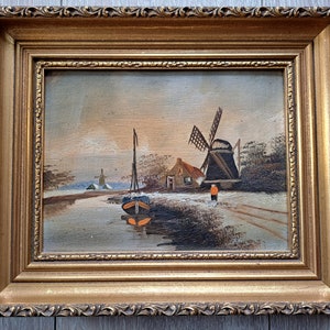 ca 1940s a Very Cute Small Antique Dutch Windmill Landscape Oil Painting on a Wooden Panel