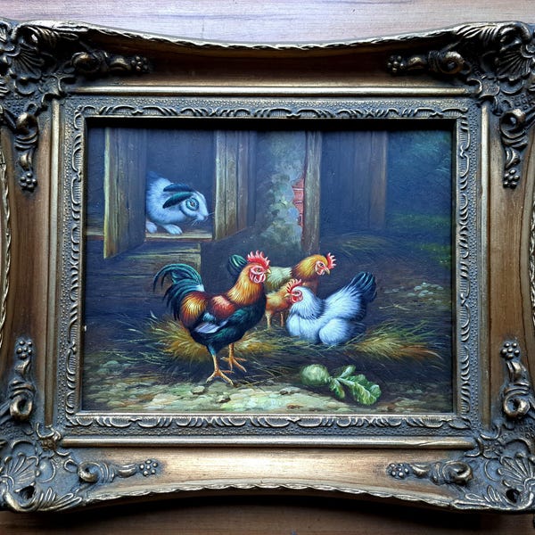a Very Cute Farm Barn Chickens Rooster Rabbit Oil Painting on a Wooden Panel- Roc Bros Carvers Gilders Picture Makers UK with Baroc frame