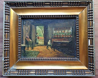 ca 1900s ein sehr niedliches antikes Interieur mit weißer Katze auf einem Stuhl Ölgemälde auf einer Holzplatte - signiert S.Rieborn