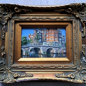 a Very Cute Dutch Amsterdam Canals with the Tipical Houses Oil Painting on a Wooden Panel with Beautiful Baroc Frame