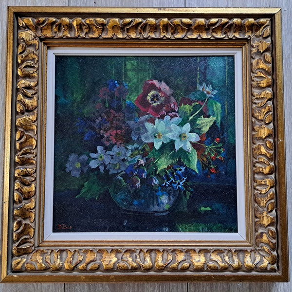 a Very Nice Antique Dutch Square Flower Still Life Oil Painting on a Wooden Panel- Signed D. Bos