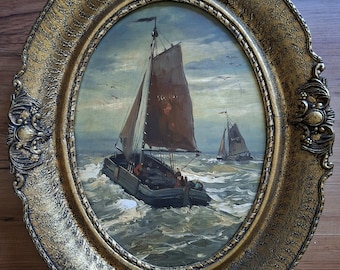 アンティークの大型オランダ風景油絵、サイン入りアート作品