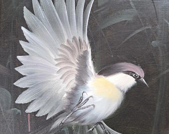 素晴らしく美しい、かなり大きな2羽の鳥の油絵。キャンバスに描かれて 素晴らしく美しい、かなり大きな2羽の鳥の油絵。キャンバスに描かれて