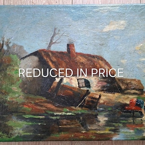 Year 1929 a Nice Antique Dutch Oil Painting on Canvas of a Lady doing the wash at her Farm
