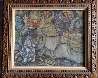 a Wonderful Middle Size Old Beautiful Pattern Painting from Bali Indonesia with very nice carved wooden Frame- Signed