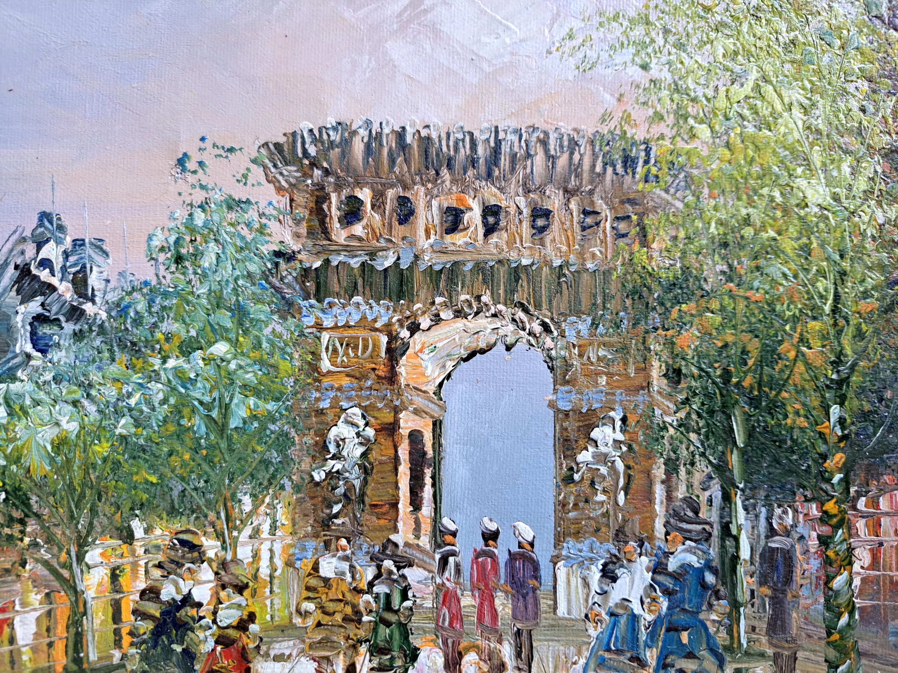 非常に美しいカラフルなパリフランスのシャンゼリゼ通りの凱旋門の中型