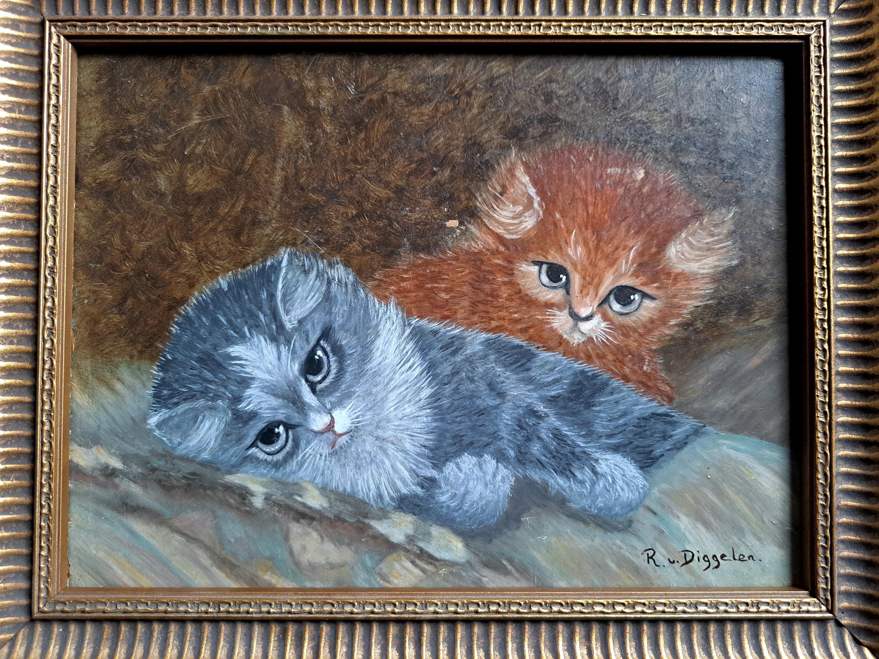 とてもかわいい小さな古い2匹の子猫の油絵（木製パネル）R.ヴァン 